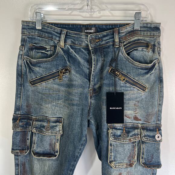 Bluecarats Spade Slim Fit Cargo Pockets Jeans Distressed Utility Punk - Picture 2 of 9